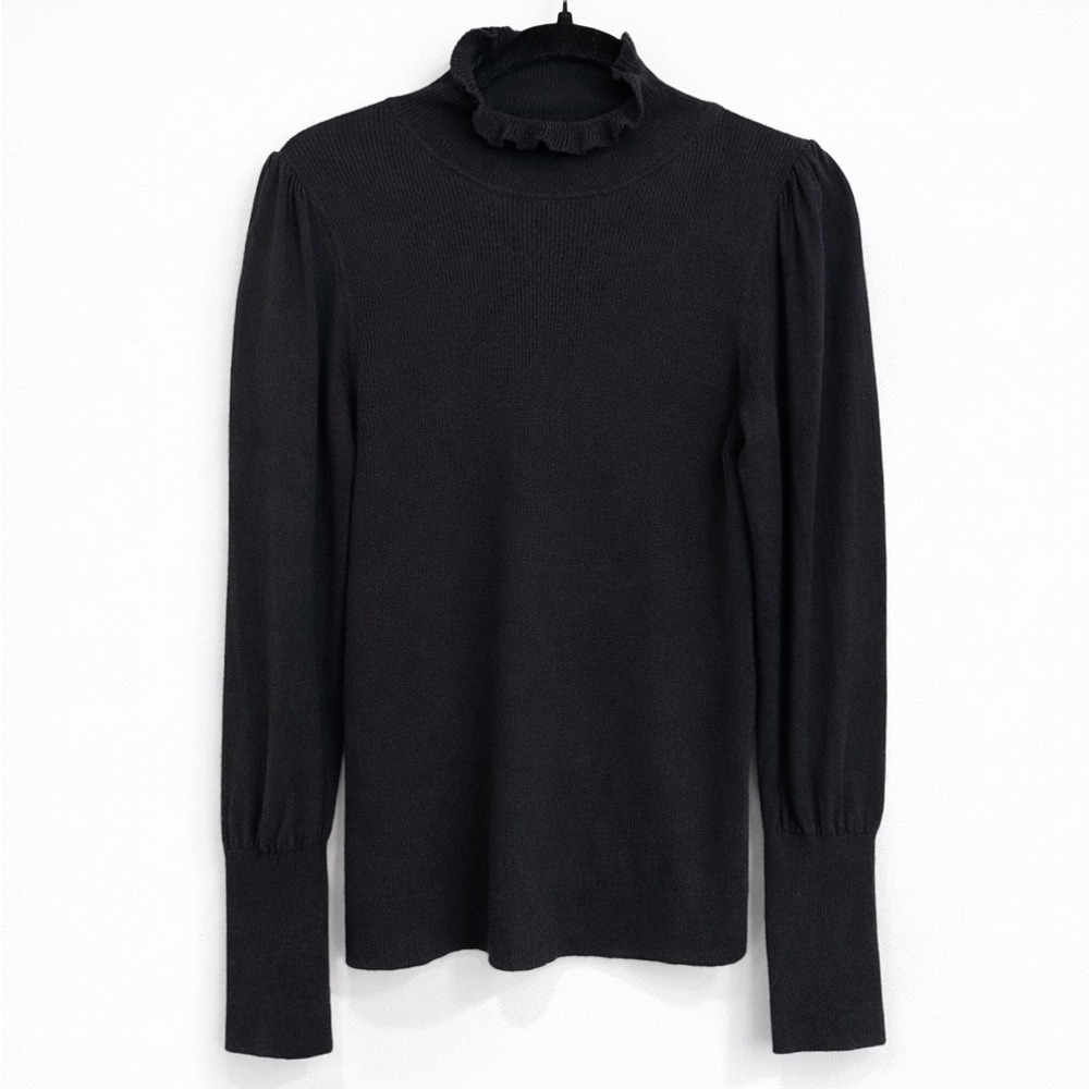 LA VIE Rebecca Taylor Black Ruffle Mock Neck Puff Sleeve Ribbed Knit Sweater S